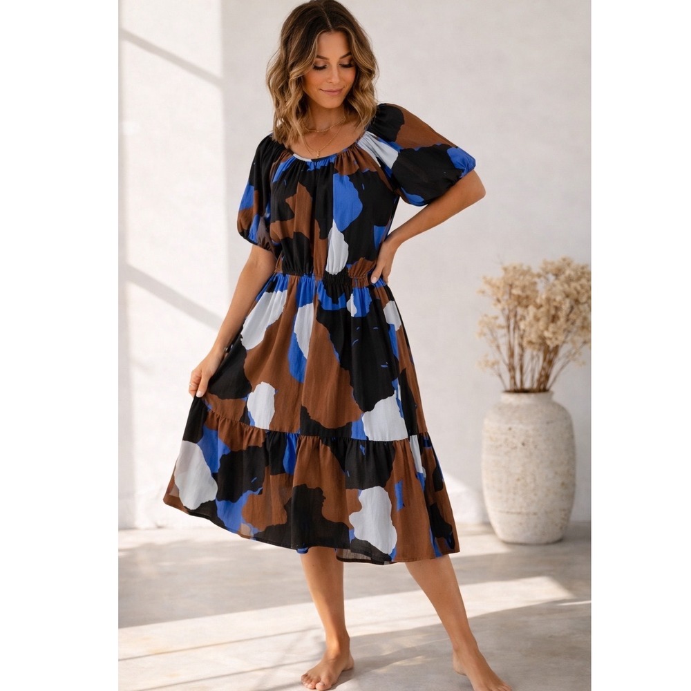 Rails Khloe Blue Multi Color Block Abstract Puff Sleeve Midi Dress Medium 913A